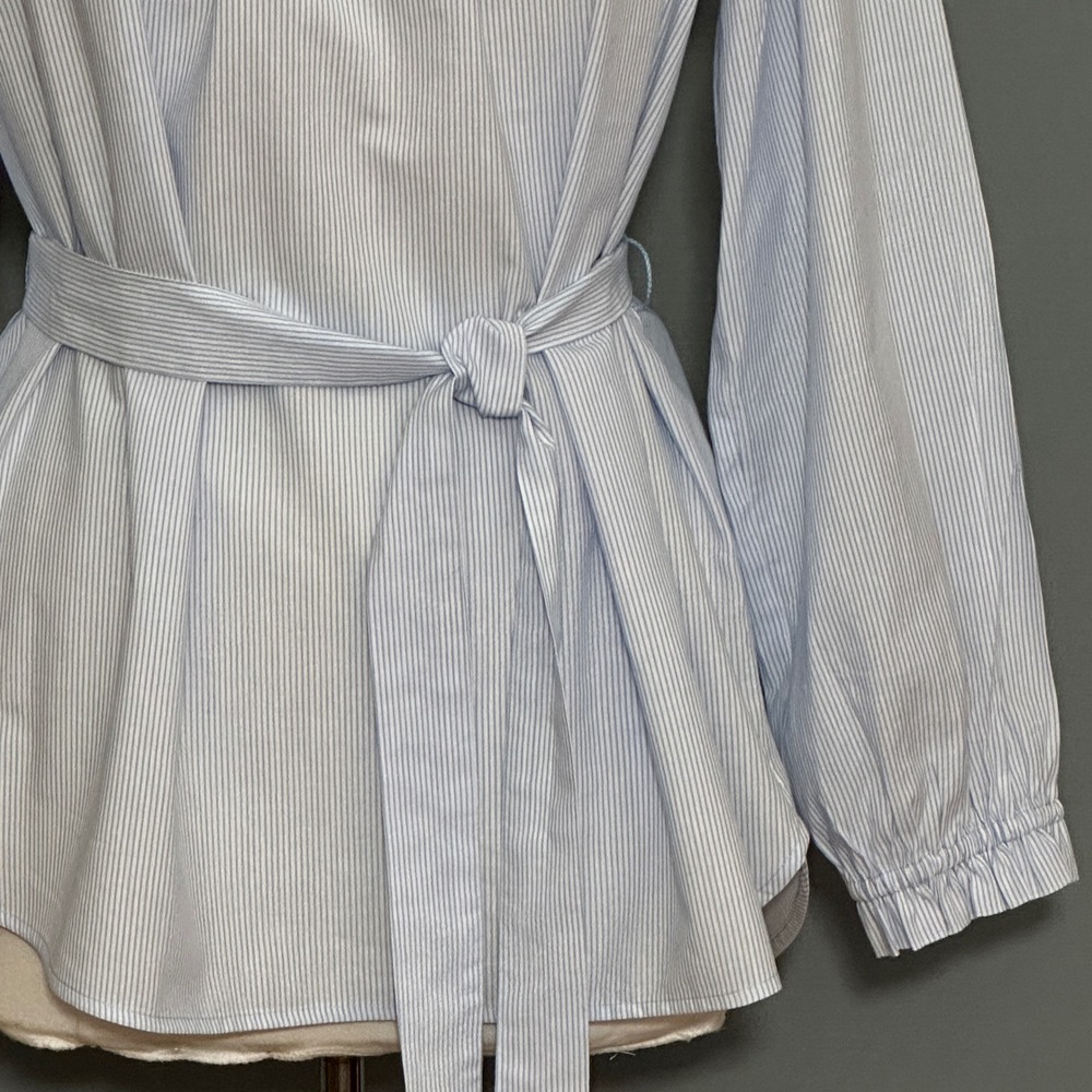 LOFT Womens Top L Blue White Pinstripe Belted Peasant Feminine AIry Nautical - Picture 3 of 10